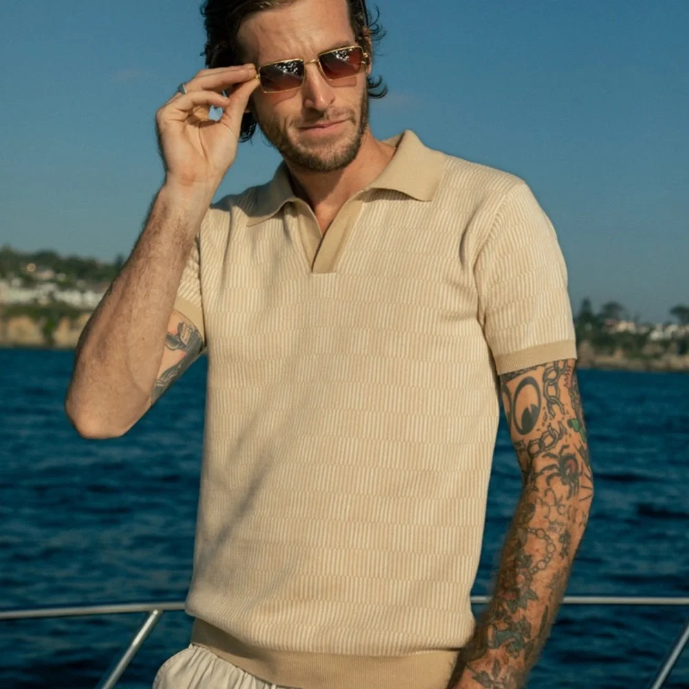 Dandy Del Mar Mens Sebastian Notched Johnny Collar V-Neck Knit Polo Casual Shirt - Picture 6 of 10